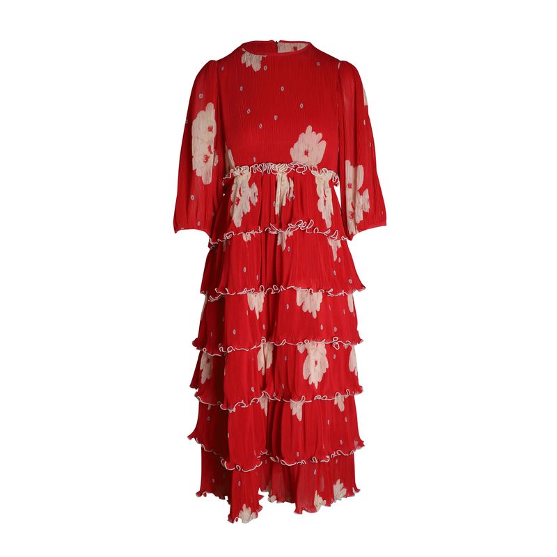 Ganni Tiered Midi Dress In Red Floral Print Recycled Polyester